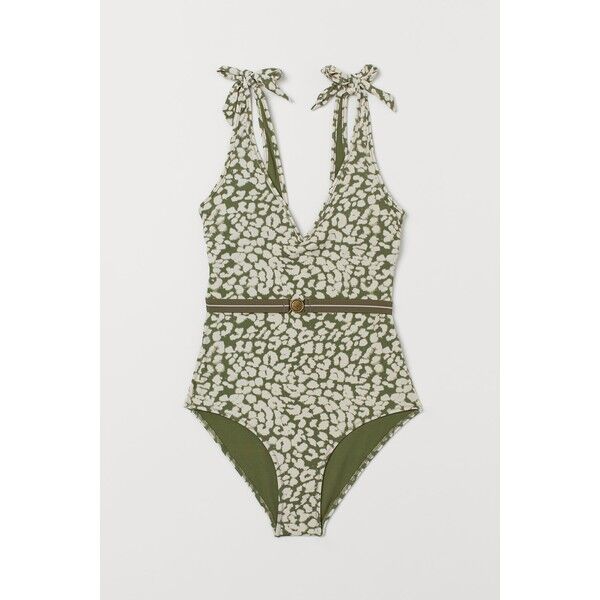 H&M Kostium kąpielowy z paskiem 0772864001 Jasna zieleń khaki/Panterka