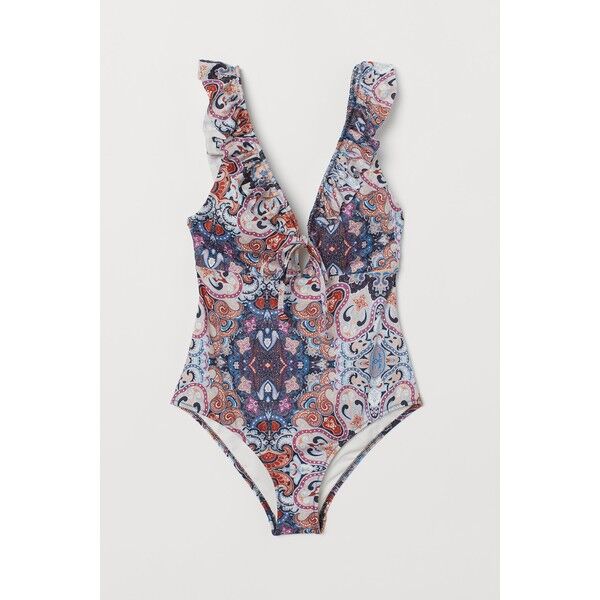 H&M Kostium kąpielowy z falbanami 0698276004 Niebieski/Paisley