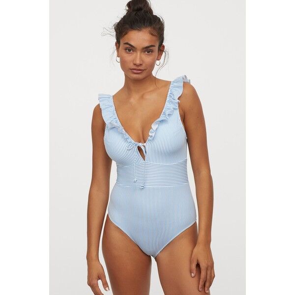 H&M Kostium kąpielowy z falbanami 0698276004 Biały/Niebieskie paski