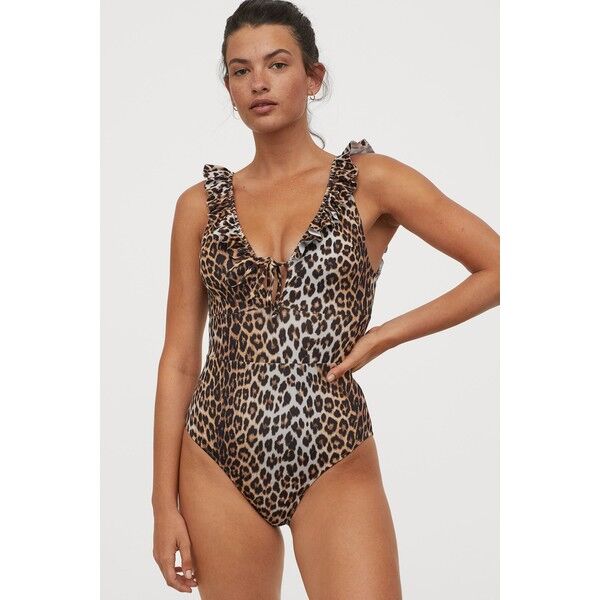 H&M Kostium kąpielowy z falbanami 0698276004 Brązowy/Panterka