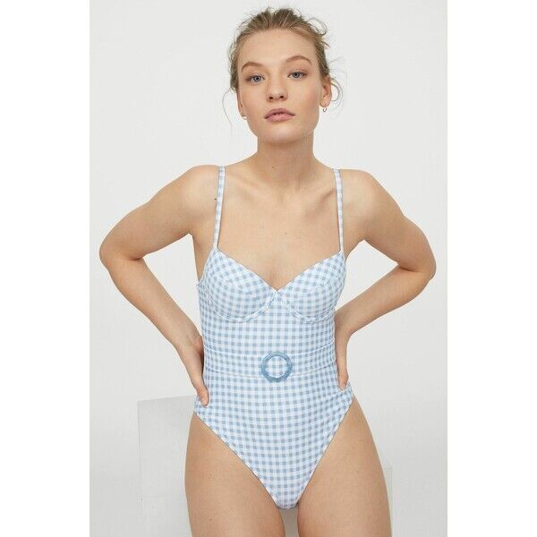 H&M Kostium kąpielowy High leg 0919719001 Jasnoniebieski/Krata gingham