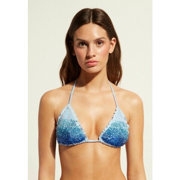 Calzedonia SEYCHELLES SEQUIN SLIDE Góra od bikini light blue dégradé sequin C2F81J0ET-K11