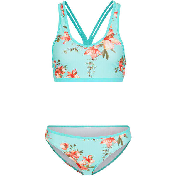 Bonprix Bikini bustier (2 części), z poliamidu z recyklingu turkusowo-jasnoróżowy w roślinny wzór