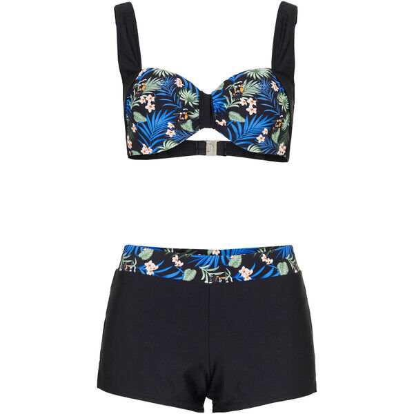 Bonprix Bikini na fiszbinach (2 części) czarno-zielony w roślinny wzór