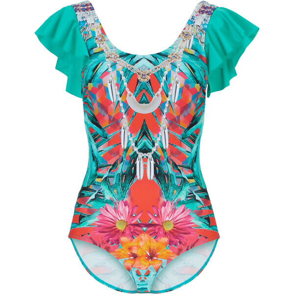 Bonprix Ekskluzywny kostium kąpielowy z poliamidu z recyklingu turkusowy z nadrukiem