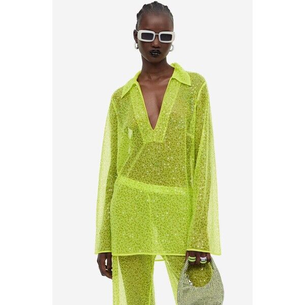 H&M Zdobiona koszula tunikowa z siateczki - 1153178001 Limonkowy