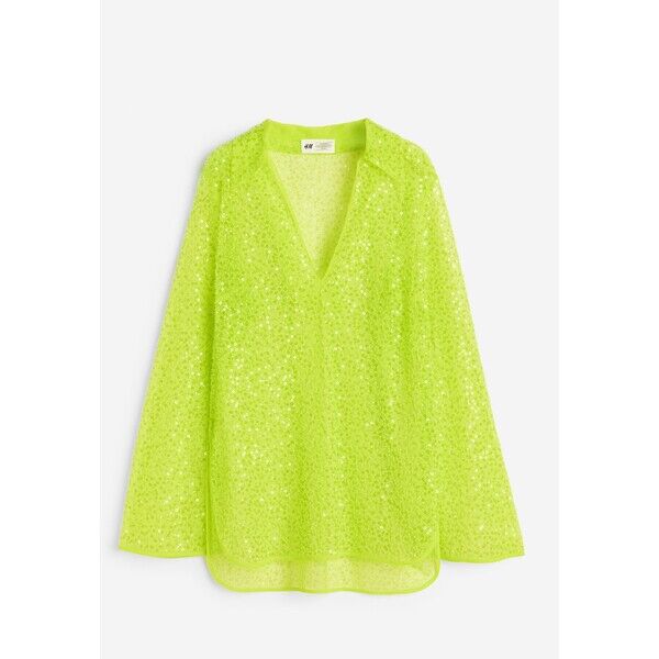 H&M Zdobiona koszula tunikowa z siateczki - Dekolt w serek - Długi rękaw - 1153178001 Limonkowy