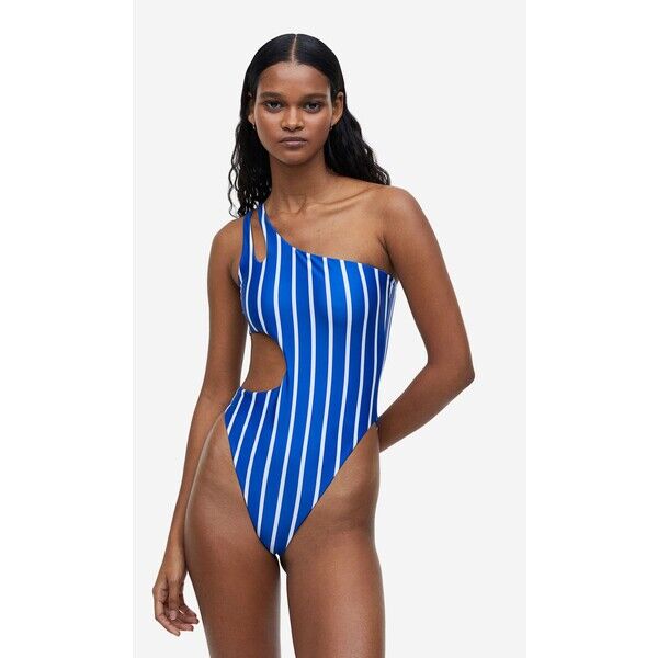 H&M Kostium kąpielowy na jedno ramię High leg - 1046234008 Jaskrawoniebieski/Paski