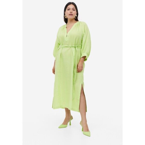 H&M Lniana sukienka z wiązanym paskiem - 1153138003 Limonkowy