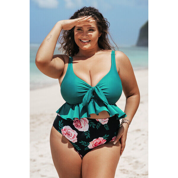 Cupshe Zielone wiązane tankini z falbaną plus size PC50027M