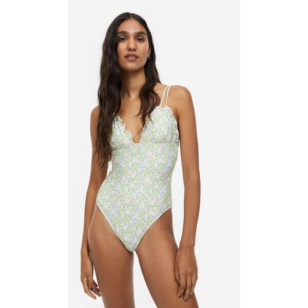H&M Kostium kąpielowy z wycięciem High-leg - 1154218002 Jasnozielony/Kwiaty