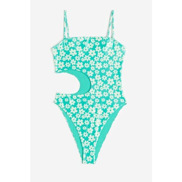 H&M Kostium kąpielowy z wycięciem High leg - 1123828004 Jaskrawozielony/Kwiaty