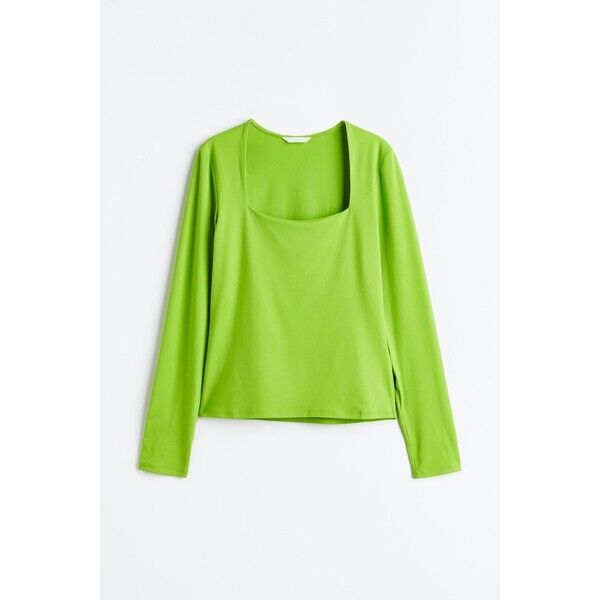 H&M Dżersejowy top z długim rękawem - Kwadratowy dekolt - Długi rękaw - 1089811001 Limonkowy