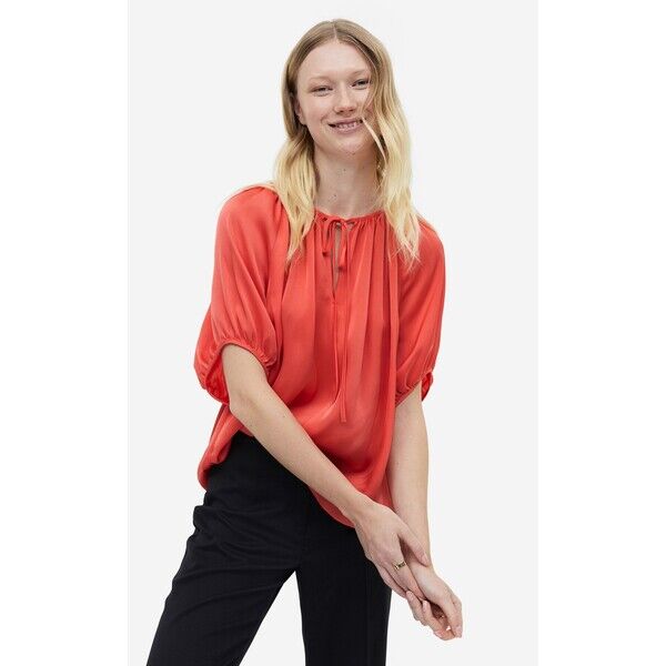 H&M Bluzka oversize z wiązaniem - 1144784004 Koralowy