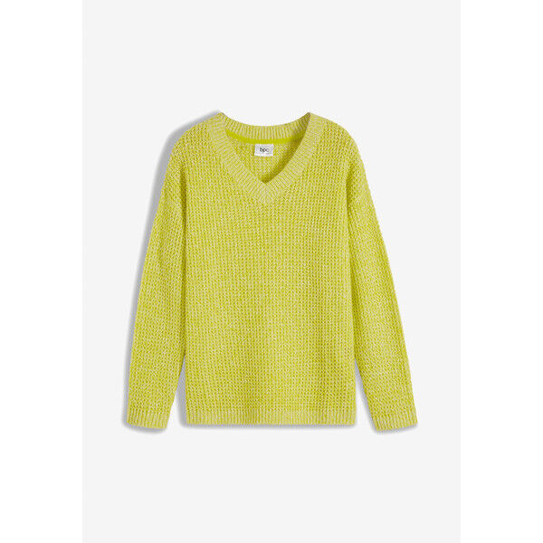 Bonprix Luźniejszy sweter z dzianiny w waflowy wzór, długi rękaw zielony limonkowy melanż
