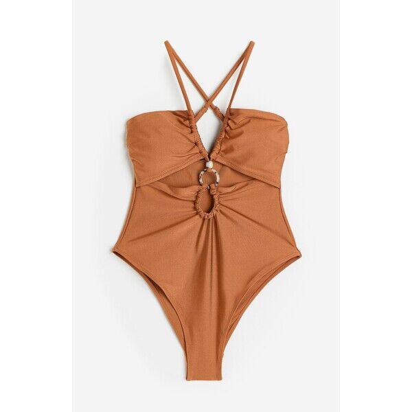 H&M Kostium kąpielowy z wycięciem High leg - Bardzo głęboki dekolt - Bez rękawów - 1142439001 Brązowy