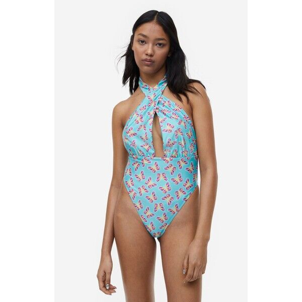 H&M Kostium kąpielowy z mocowaniem na karku High-leg - 1144083003 Turkusowy/Motyle