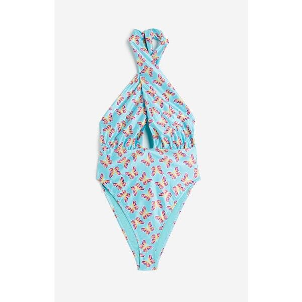 H&M Kostium kąpielowy z mocowaniem na karku High-leg - Mocowanie na szyi - Bez rękawów - 1144083002 Turkusowy/Motyle