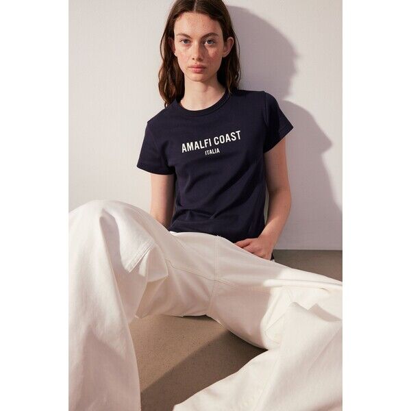 H&M Dopasowany T-shirt bawełniany - Okrągły dekolt - Krótki rekaw - 1232901012 Granatowy/Amalfi Coast