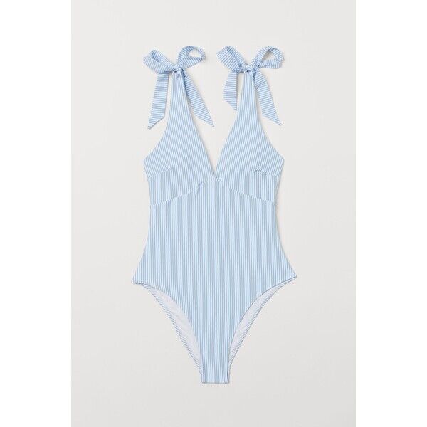 H&M Kostium kąpielowy High leg - Dekolt w serek - Bez rękawów - 0967110005 Jasnoniebieski/Białe paski