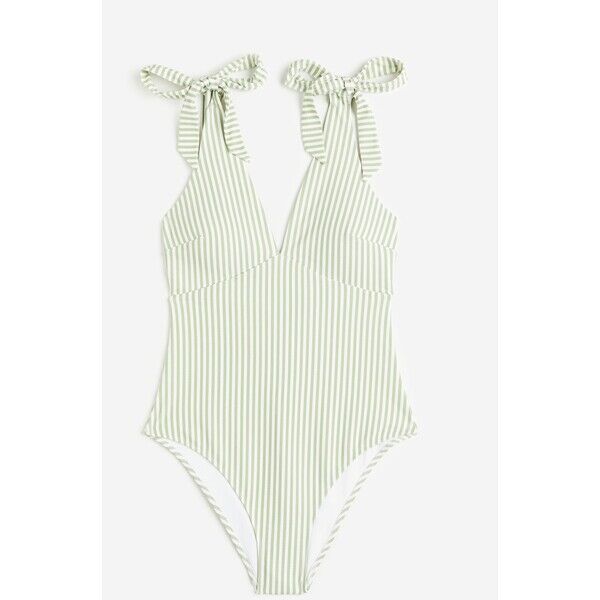 H&M Kostium kąpielowy High leg - Dekolt w serek - Bez rękawów - 0967110005 Zielony/Paski