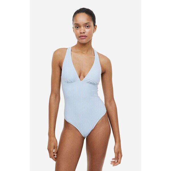 H&M Kostium kąpielowy z usztywnianymi miseczkami - Dekolt w serek - Bez rękawów - 1161345001 Jasnoniebieski/Paski