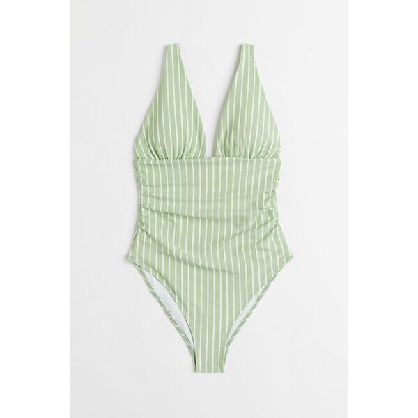 H&M Modelujący kostium kąpielowy - Dekolt w serek - Bez rękawów - 0928359011 Jasnozielony/Białe paski