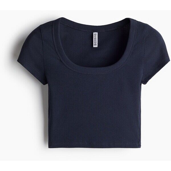 H&M Krótki T-shirt w prążki - Głęboki dekolt - Krótki rekaw - 1212806001 Granatowy