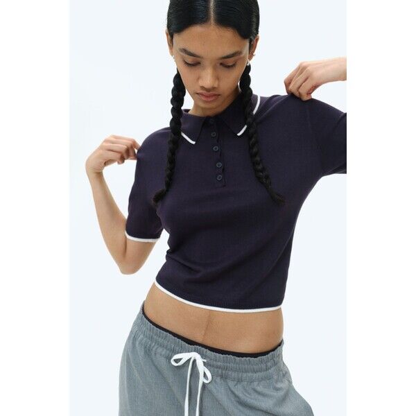 H&M Dzianinowy top polo - Krótki rekaw - Krótka - 1226254001 Granatowy