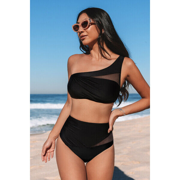 Cupshe Zestaw czarnej góry od bikini na jedno ramię i spodni z wysokim stanem DAA12C4F018AA