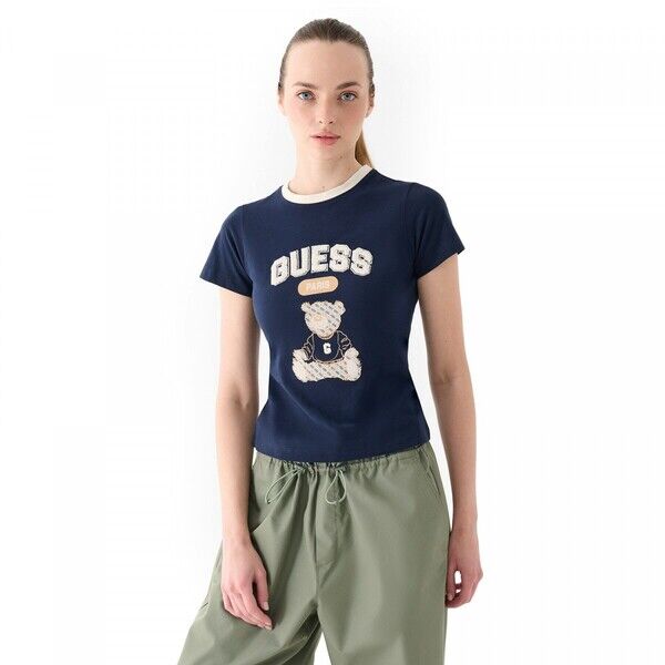 GUESS Damski t-shirt z nadrukiem Guess Sarah Logo Bear Ss - granatowy