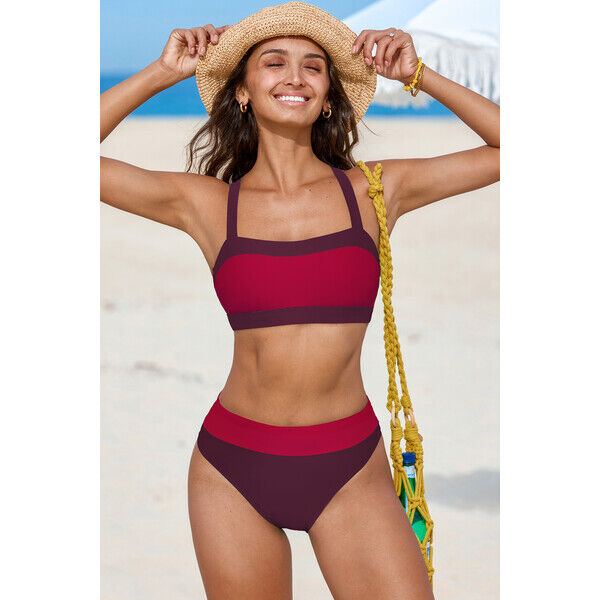Cupshe Burgundowy zestaw bikini typu bralette z blokami kolorów i wysokim stanem 120000203904