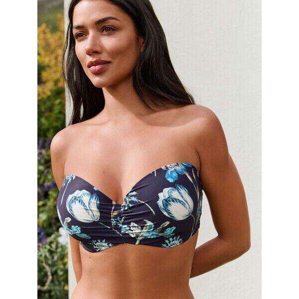 Next Kew Collection w kolorze granatowym z motywem kwiatowym - Góra bikini z fiszbinami i dekoltem bandeau F78-292