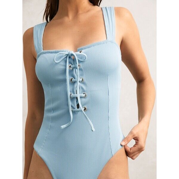 Niebieski - Reiss Fabienne Ribbed Lace-Up Swimsuit H52-160