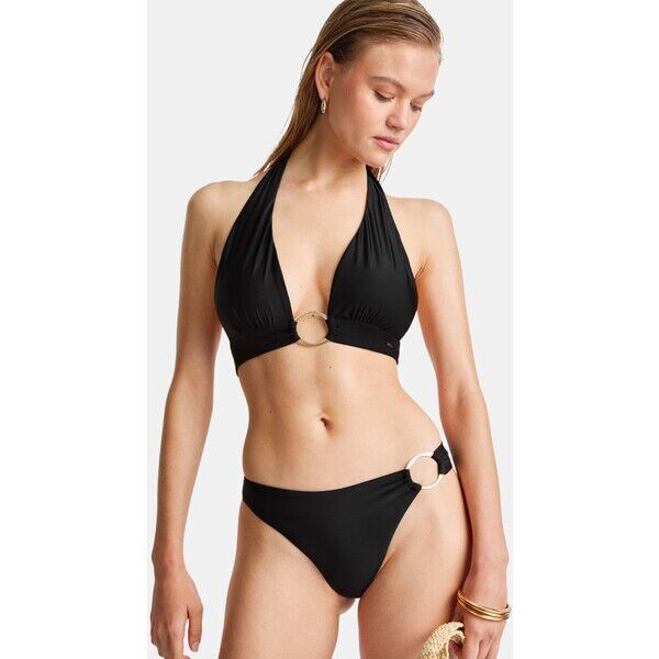Czarny - TALA Halter Plunge Gold Ring Bikini Top H76-737
