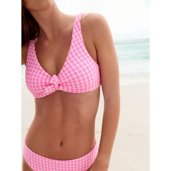 Next Różowo-biały marszczony w kratkę gingham - Góra bikini o skróconym kroju z wiązanym przodem AM6-323