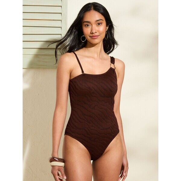 Friends Like These 1 Shoulder Crinkle Tummy Control Swimming Costume With Gold Trim AT1-188