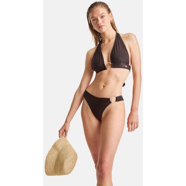 Brązowy - TALA Halter Plunge Gold Ring Bikini Top W83-518