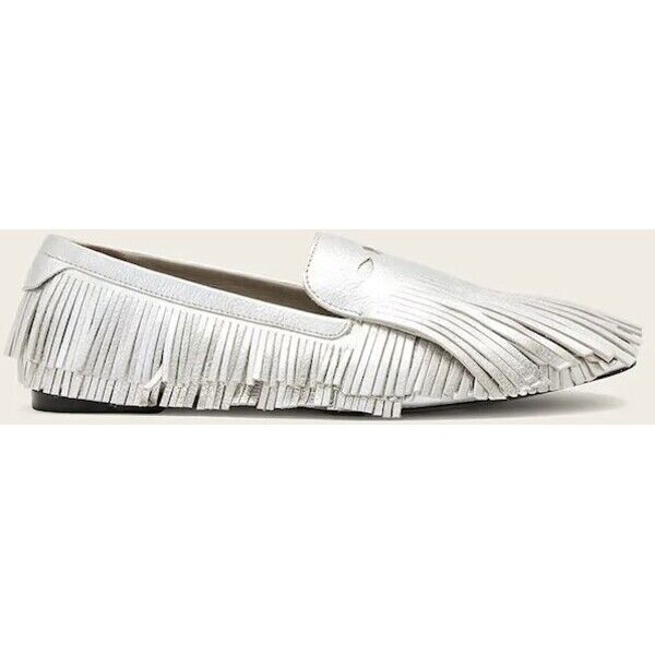AllSaints loafersy damskie skórzane Sandy Fringe Loafer  srebrne na płaskim obcasie W079FE