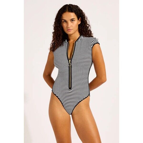 Seafolly strój kąpielowy jednoczęściowy damski Cap Sleeve Zip Front  czarny 60290-281 60290.281