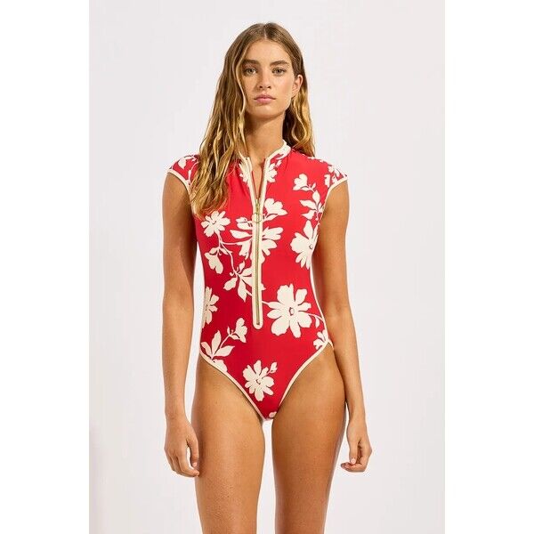 Seafolly strój kąpielowy jednoczęściowy damski Cap Sleeve Zip Front  czerwony 60290-299 60290.299