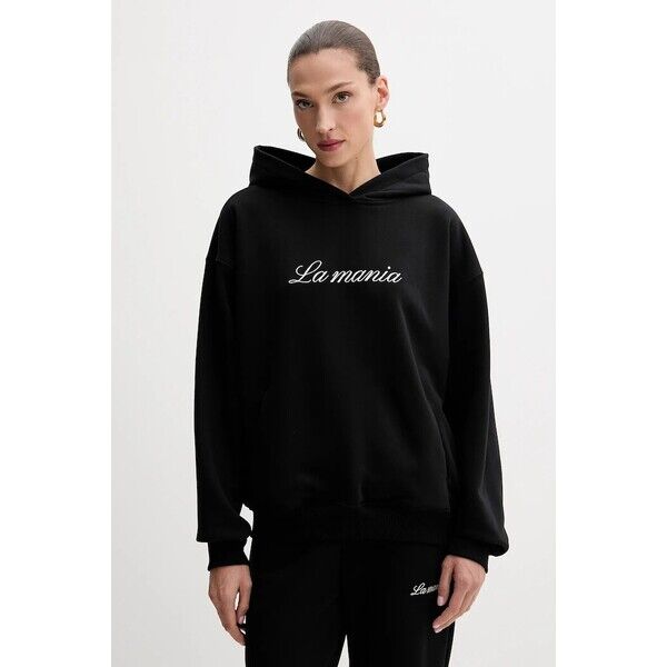 La Mania bluza  damska kolor czarny z kapturem z aplikacją ROCKY