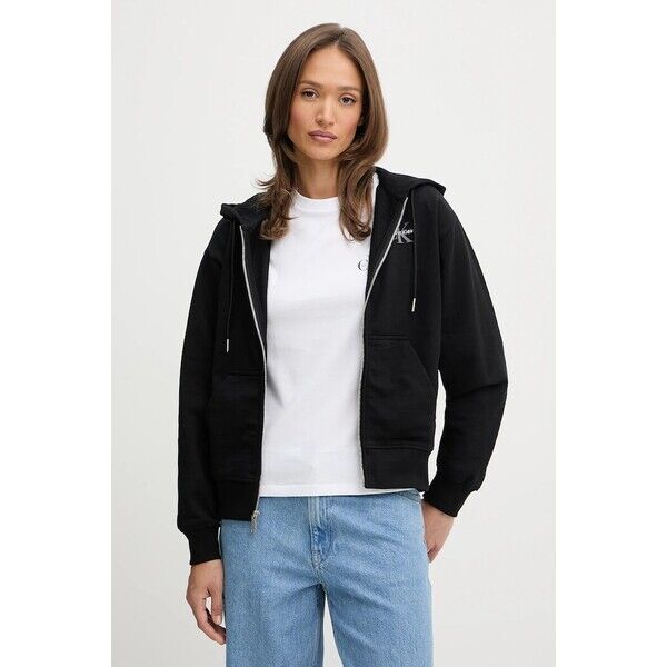 Calvin Klein Jeans bluza  damska kolor czarny z kapturem z nadrukiem LV047B270G