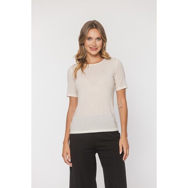 BIALCON CLASSIC Śmietankowy klasyczny t-shirt z domieszką wełny C1-973123628