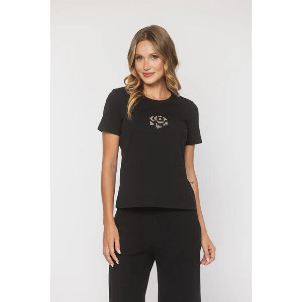 RABARBAR Czarny bawełniany t-shirt z ręcznie wyszywaną różą R1-016203628