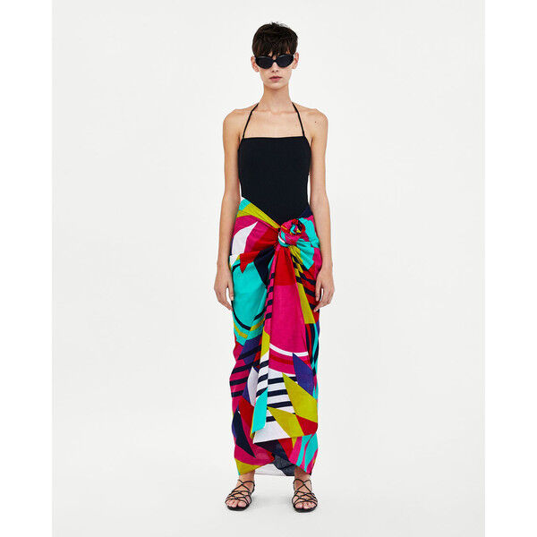 Zara KOSTIUM KĄPIELOWY Z DEKOLTEM HALTER Z PRĄŻKOWANEJ TKANINY Czarny 0501/008