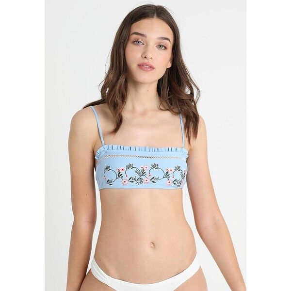 Topshop FLORAL FRILL EMBROIDED BANDEAU Góra od bikini light blue TP781J00X